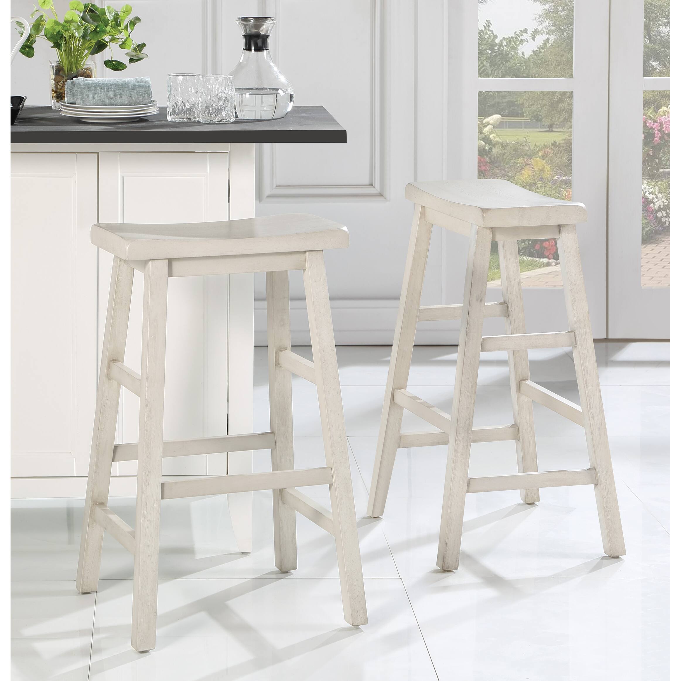 OS Home and Office Furniture Tulsa 29" Wood Saddle Stool 2Pack in Off White Finish Bed Bath